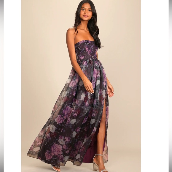 Lulus Dresses & Skirts - Lulus Wonderful Waltz Purple Floral Print Strapless Bustier Organza Maxi Dress S